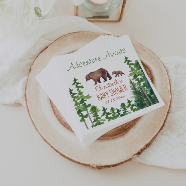 Bear Adventure Awaits Green Trees Baby Shower Napkin (Creator Uploaded)