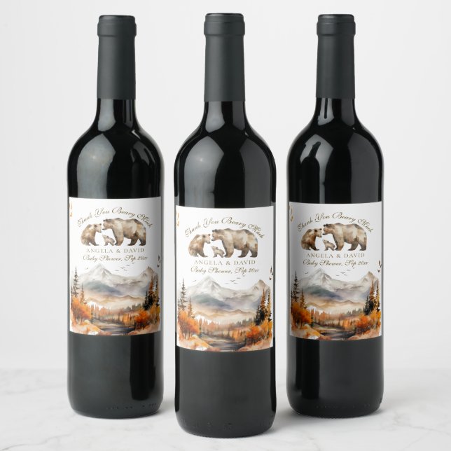 Bear Adventure Fall Mountain Neutral Baby Shower Wine Label (Bottles)