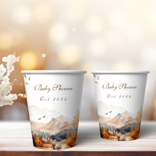 Bear Adventure Fall Mountains Neutral Baby Shower Paper Cups (Creator Uploaded)
