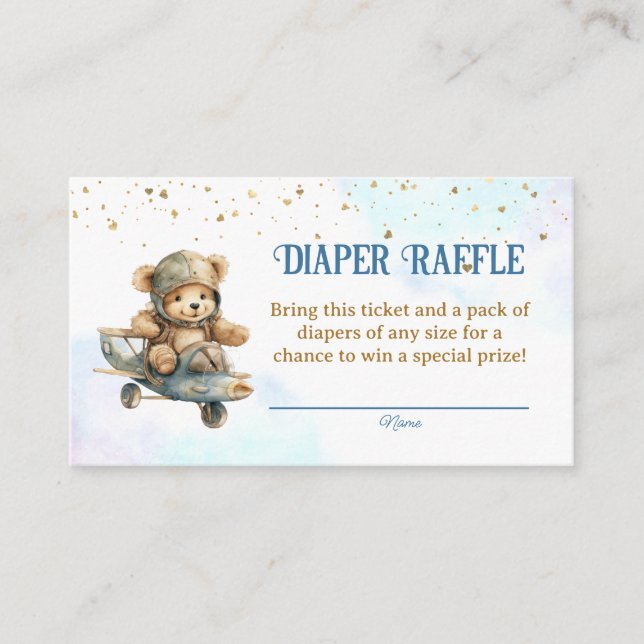 Bear Aeroplane Baby Shower Diaper Raffle Tickets Enclosure Card (Front)