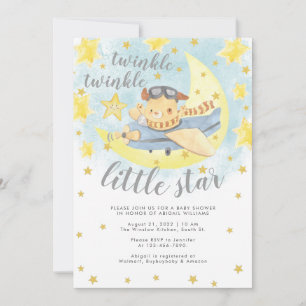 Bear Aeroplane Gold Twinkle Little Star Baby Showe Invitation