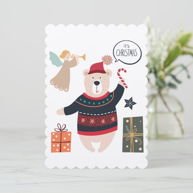 Bear and Angel Christmas Scandinavian Card (Standing Front)