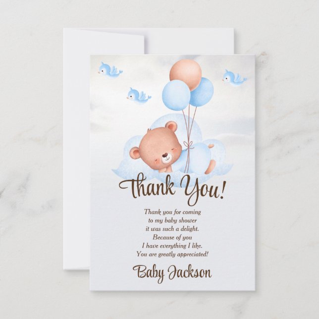 Bear and Ballon Baby Shower Thank You Card (Front)