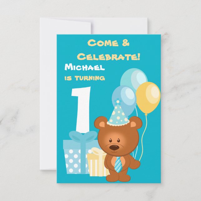 Bear and Balloons 1st Birthday Party Invitation (Front)
