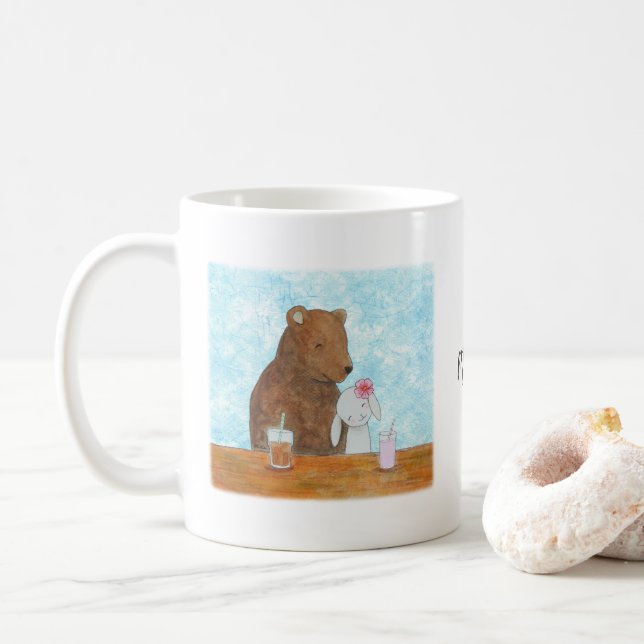 Bear and Bunny at Picnic Cute Couple Custom name Coffee Mug (With Donut)