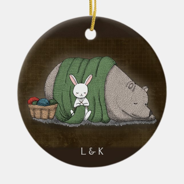 Bear and Bunny Couple Knitting Lover Custom name Ceramic Tree Decoration (Front)