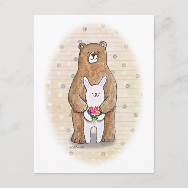 Bear and Bunny Happy Woodland Animal Cute Art Postcard (Front)