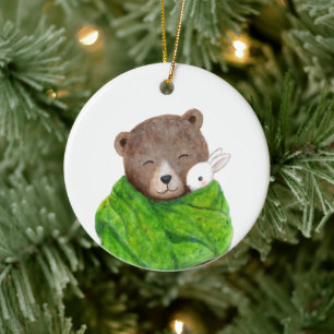 Bear and Bunny in Big Green Blanket Custom Name Ceramic Tree Decoration