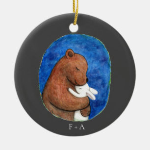 Bear and Bunny in embrace couple custom name Ceramic Tree Decoration