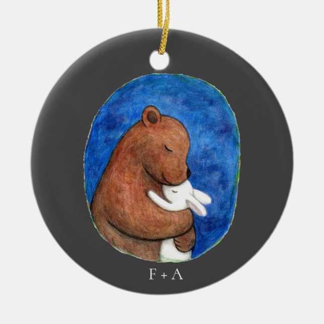 Bear and Bunny in embrace couple custom name Ceramic Tree Decoration (Front)