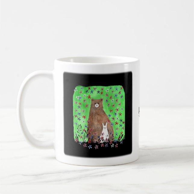 Bear and Bunny in Flowers Cute Couple Custom Name  Coffee Mug (Left)