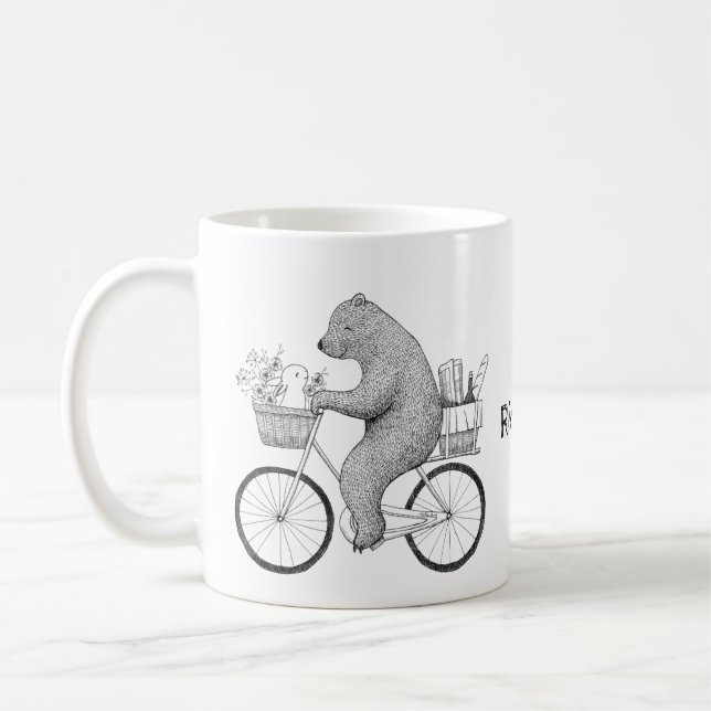 Bear and bunny on bicycle Custom name holiday gift Coffee Mug (Left)
