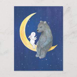 Bear and Bunny on the moon sweet bear and rabbit Postcard