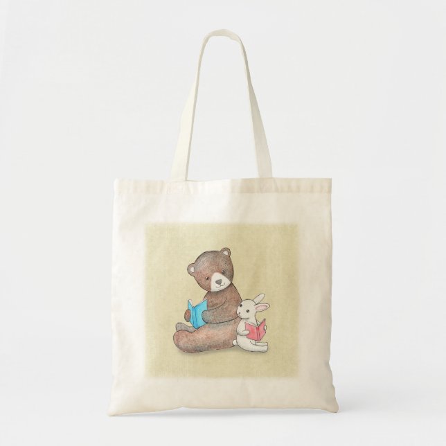 Bear and Bunny Reading Books Bookworm Library book Tote Bag (Front)