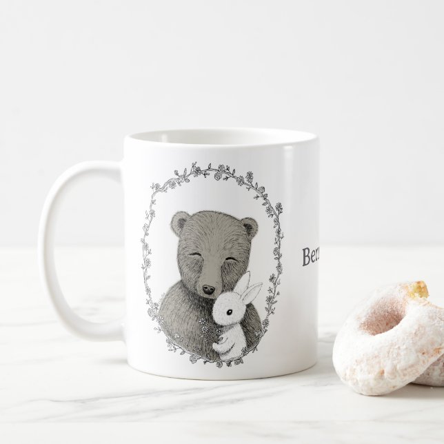 Bear and Bunny Retro Sepia Portrait Personalized Coffee Mug (With Donut)