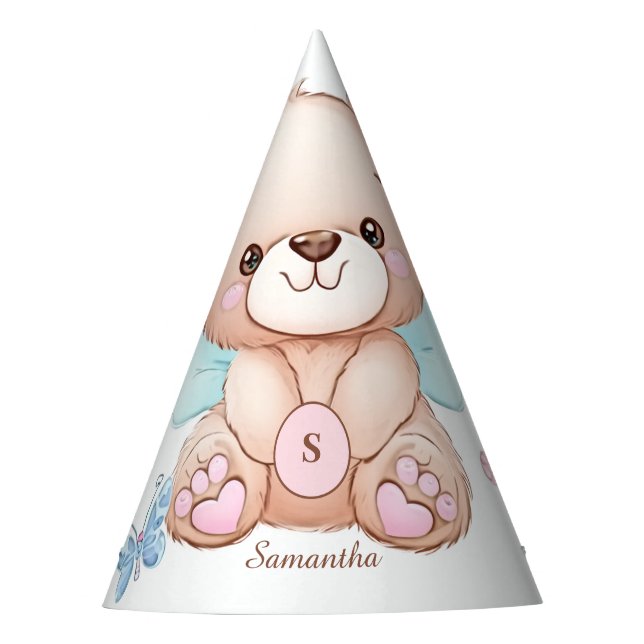 Bear and Butterflies Personalised Party Hat (Front)
