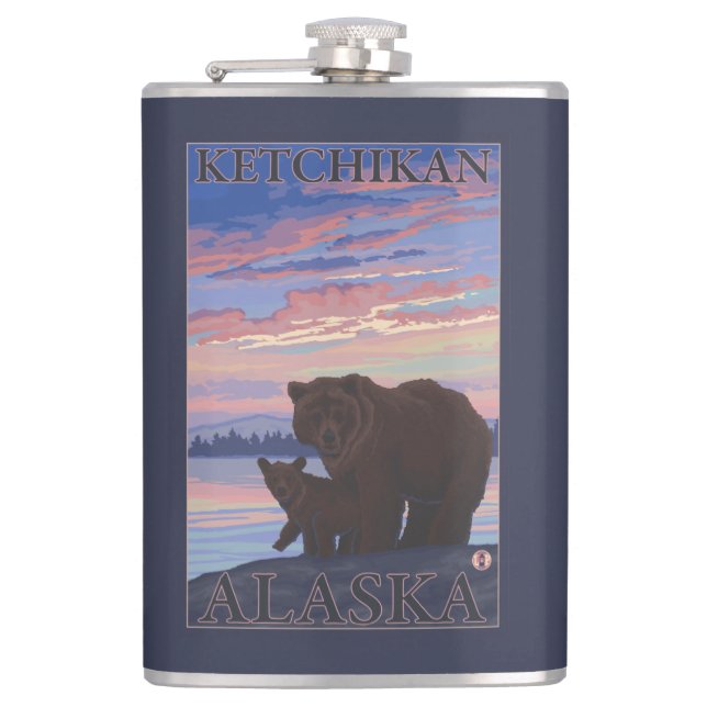 Bear and Cub - Ketchikan, Alaska Hip Flask (Front)
