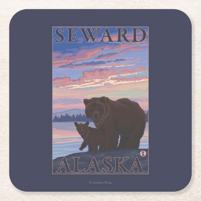 Bear and Cub - Seward, Alaska Square Paper Coaster (Front)