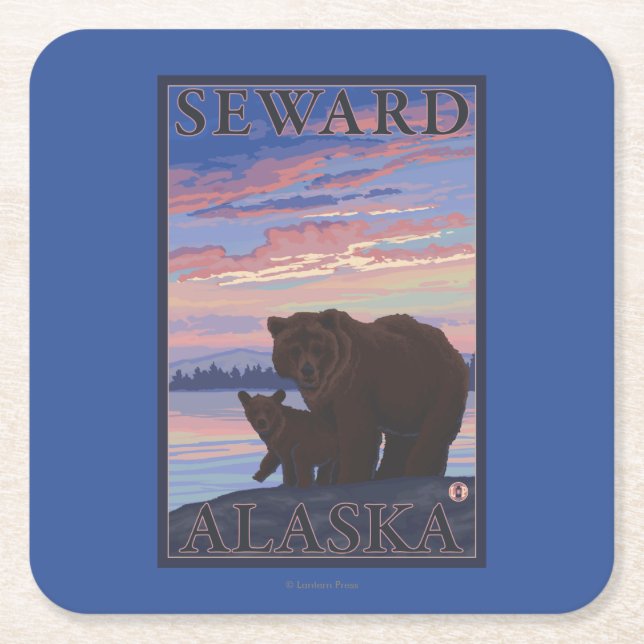 Bear and Cub - Seward, Alaska Square Paper Coaster (Front)