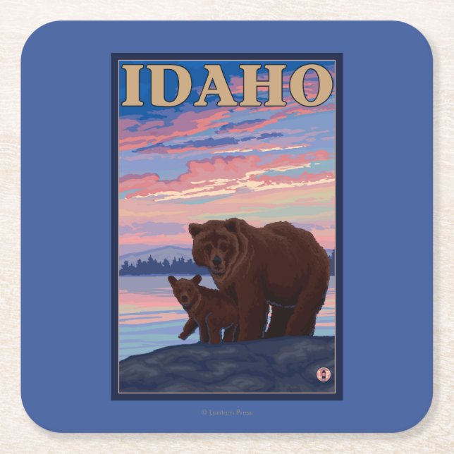 Bear and CubIdahoVintage Travel Poster Square Paper Coaster (Front)