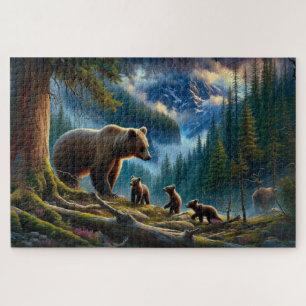 Bear and Cubs Adventure, Forested Mountain Jigsaw Puzzle