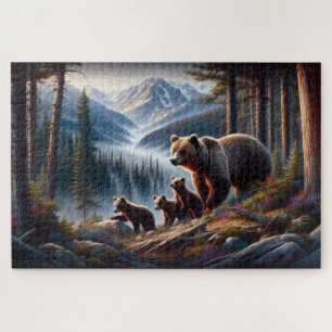 Bear and Cubs Adventure, Forested Mountain Jigsaw Puzzle
