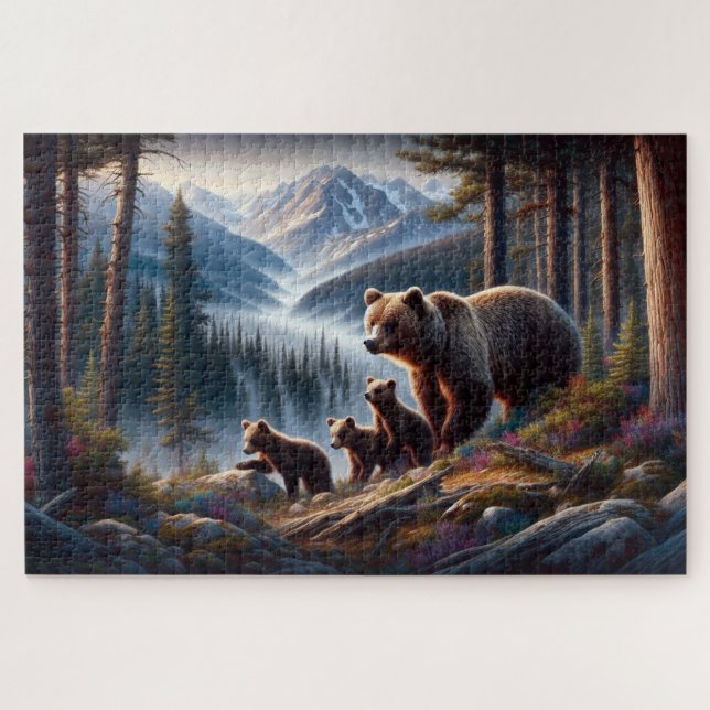 Bear and Cubs Adventure, Forested Mountain Jigsaw Puzzle (Horizontal)