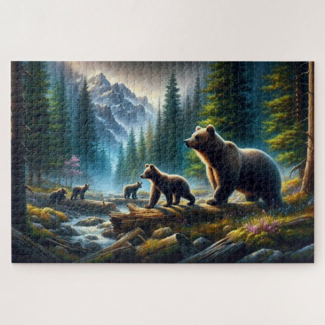 Bear and Cubs Adventure, Forested Mountain Jigsaw Puzzle (Horizontal)