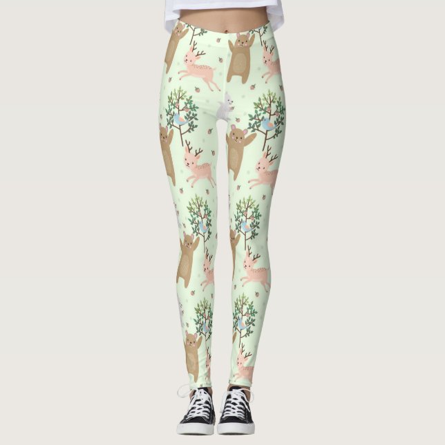Bear And Deer in Forest Pattern Leggings (Front)