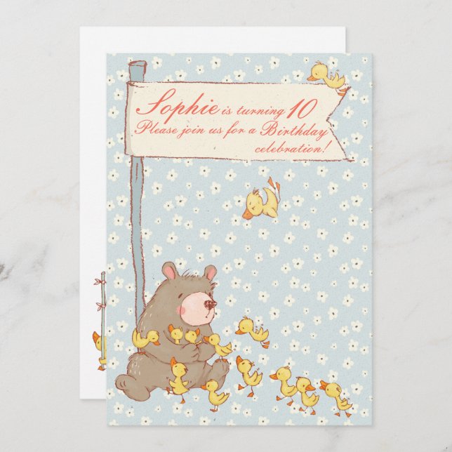 Bear and Ducklings Children Birthday Invitation (Front/Back)