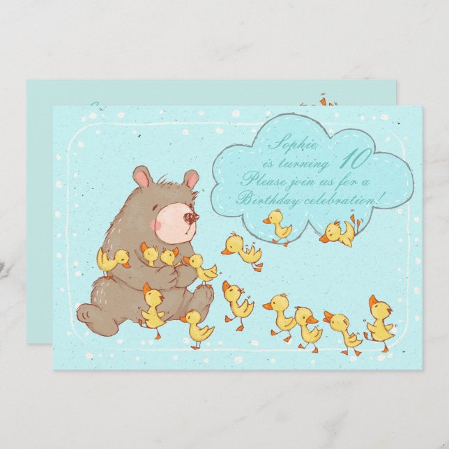 Bear and Ducklings Children Birthday Invitation (Front/Back)