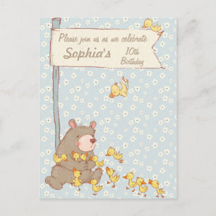 Bear and Ducklings Children Birthday Invitation Postcard