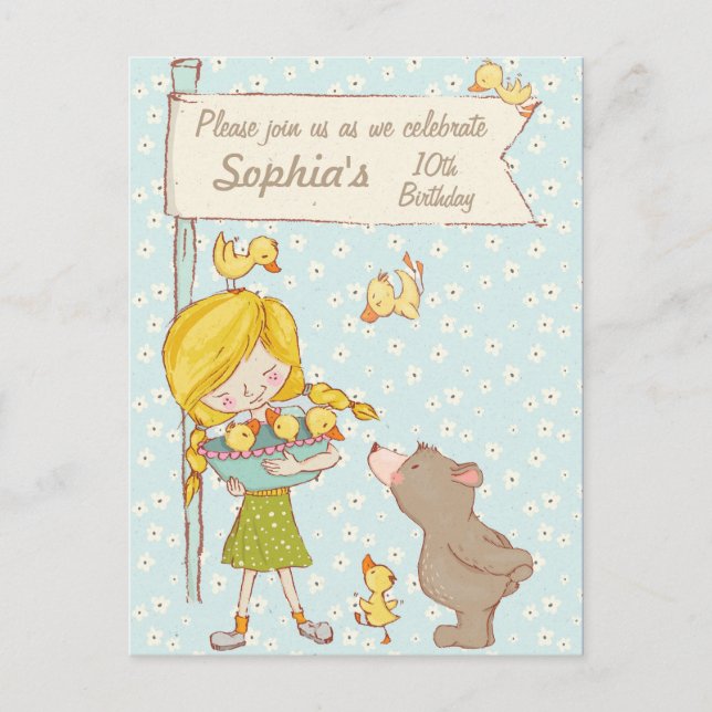 Bear and Ducklings Children Birthday Invitation Postcard (Front)