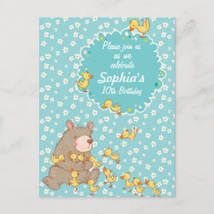 Bear and Ducklings Children Birthday Invitation Postcard