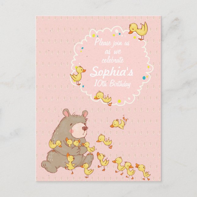 Bear and Ducklings Children Birthday Invitation Postcard (Front)