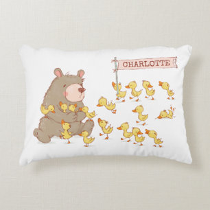Bear and Ducks with White Background Decorative Cushion