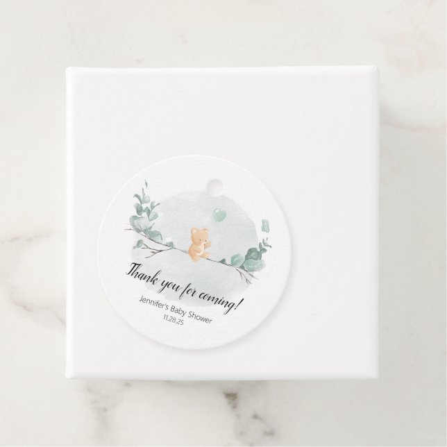 Bear and eucalyptus baby shower favour tags (In Situ)