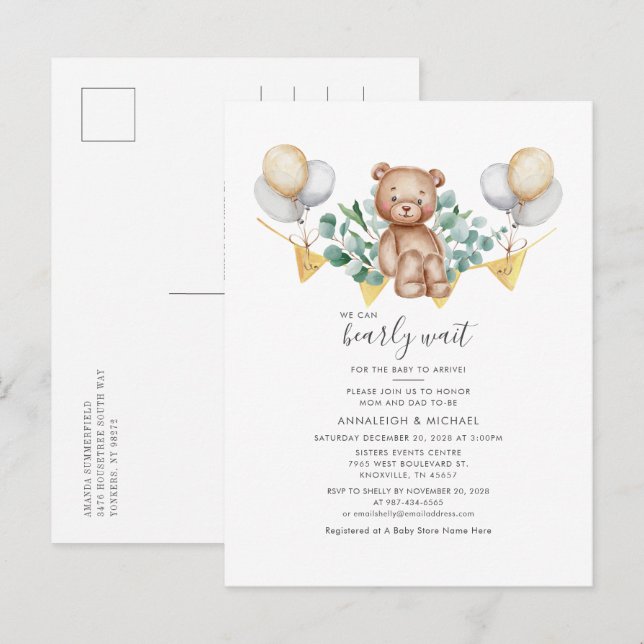 Bear and Eucalyptus Greenery Couples Baby Shower Invitation Postcard (Front/Back)