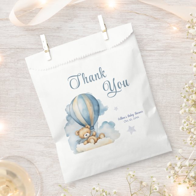 Bear And Flying Ballons Blue Favour Bag (Clipped)