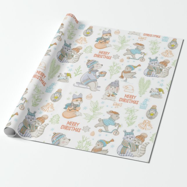 Bear And Friends Christmas Pattern Wrapping Paper (Unrolled)