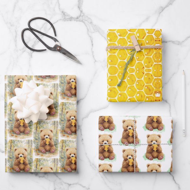 Bear and Honey Baby Shower Wrapping Paper Sheet (Front)