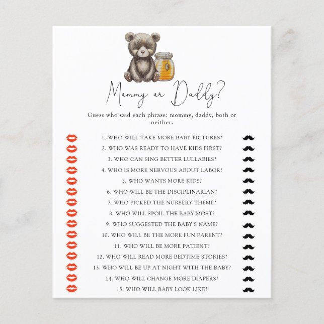 Bear and honey - mummy or daddy baby shower game (Front)