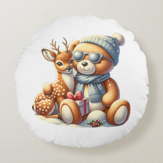 Bear and its fawn in the snow round cushion (Front)