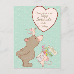 Bear and Mouse Children Birthday Invitation Postcard