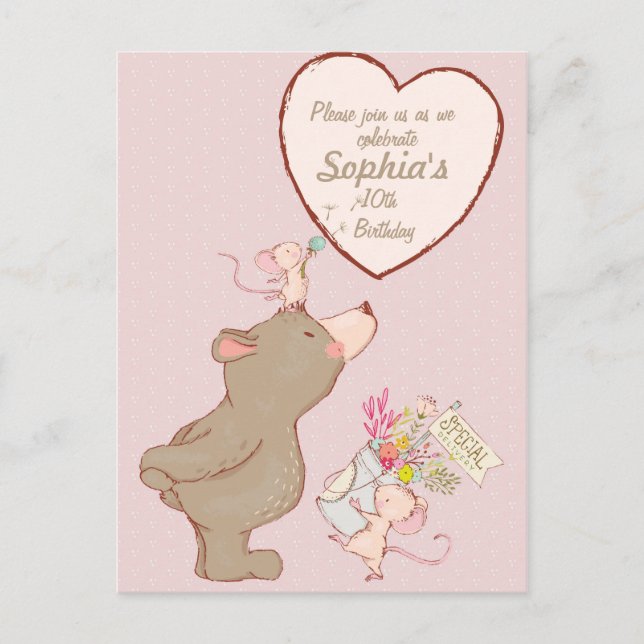Bear and Mouse Children Birthday Invitation Postcard (Front)