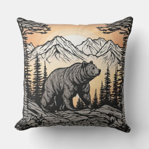Bear and Nature Mountain Landscape  Cushion