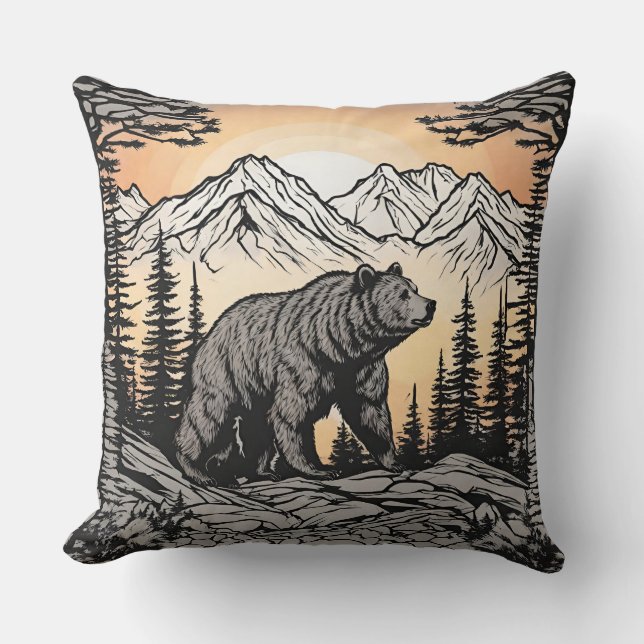 Bear and Nature Mountain Landscape  Cushion (Front)