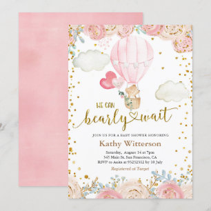Bear and Pink Hot air Balloon Baby Shower   Invitation