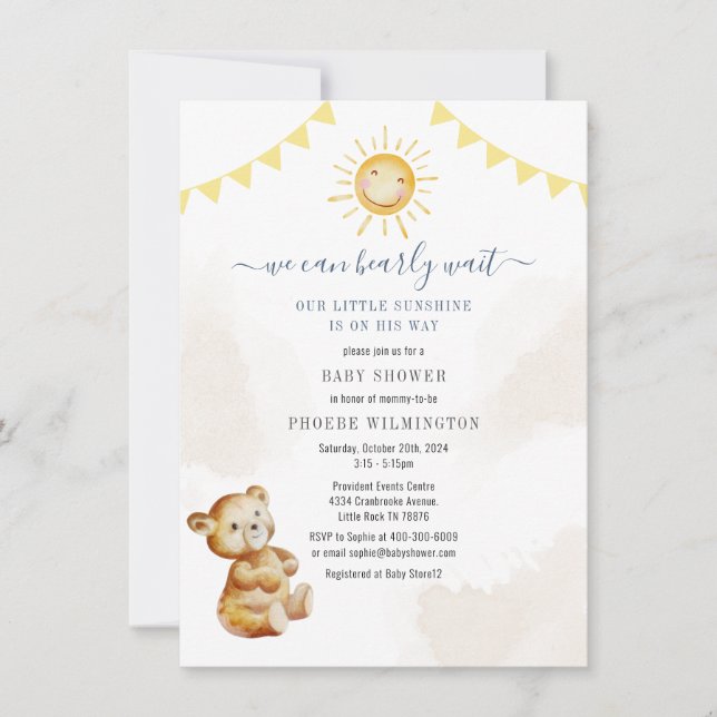 Bear and Sunshine Watercolor Baby Shower Invitation (Front)