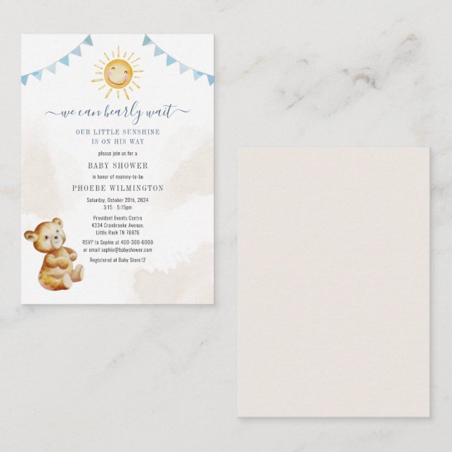 Bear and Sunshine Watercolor Boys Baby Shower Card (Front/Back)